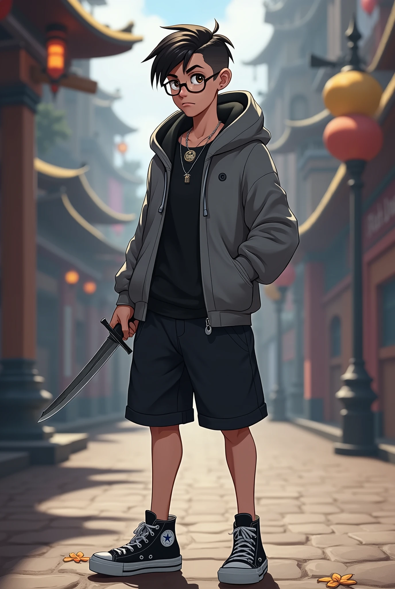 naughty man, Age 22, corte de cabelo Crew Cut, brown dark eyes, wearing glasses, wearing a gray hooded top, wearing black shirt, wearing a kitten necklace, wearing black shorts, wearing black allstar, battle pose, expression of boredom, holding a dagger, league of legends art style, fully body.