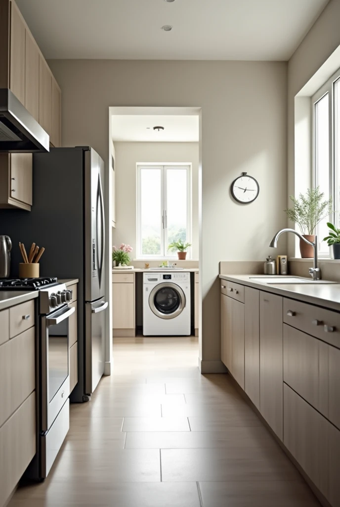 Linear kitchen with refrigerator on the left side next to the kitchen, the dishwasher in front of the kitchen on the right side, At the end of the right side of the laundry room in the background there is a window