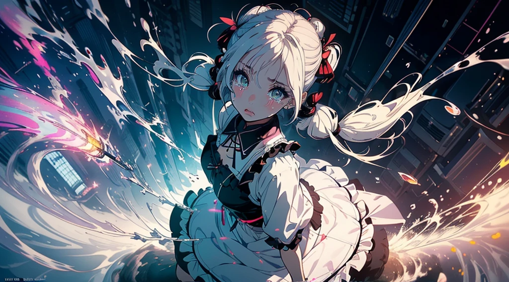 Hair shaking, victory, Long eyelashes, Solid round eye, A faint smile, ear blush, direction, (White hair), cosmetic, blush, sad, sad smile, shadow, Relief, Atmospheric perspective, 8K, Super Detail, precise, best quality, (Cyberpunk), Movie Lighting, masterpiece,1 Girl, ((((Short twin tails)))), Colorful hair, flight, Pink bow,((Female Model)), (Angel Halo), ((( wing ))), (magazine cover), (cover), bold, striking, fashionable, panoramic, Eye level shot, tiling from below, ((((magazine cover layout)))), (((Lolita dress))), (((Wide-angle lens))), (((( Splash of Color ))))