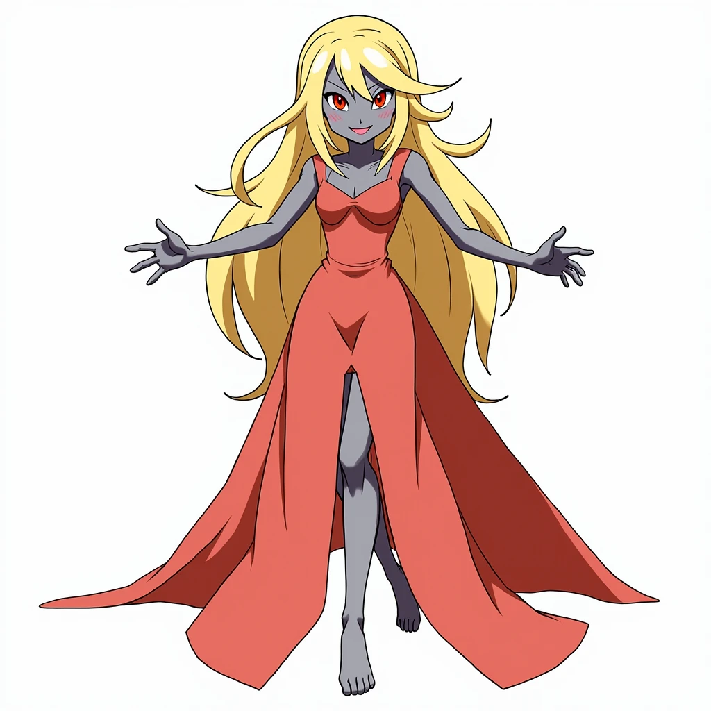 Pokemon long blonde hair red dress dark steel skin red eyes