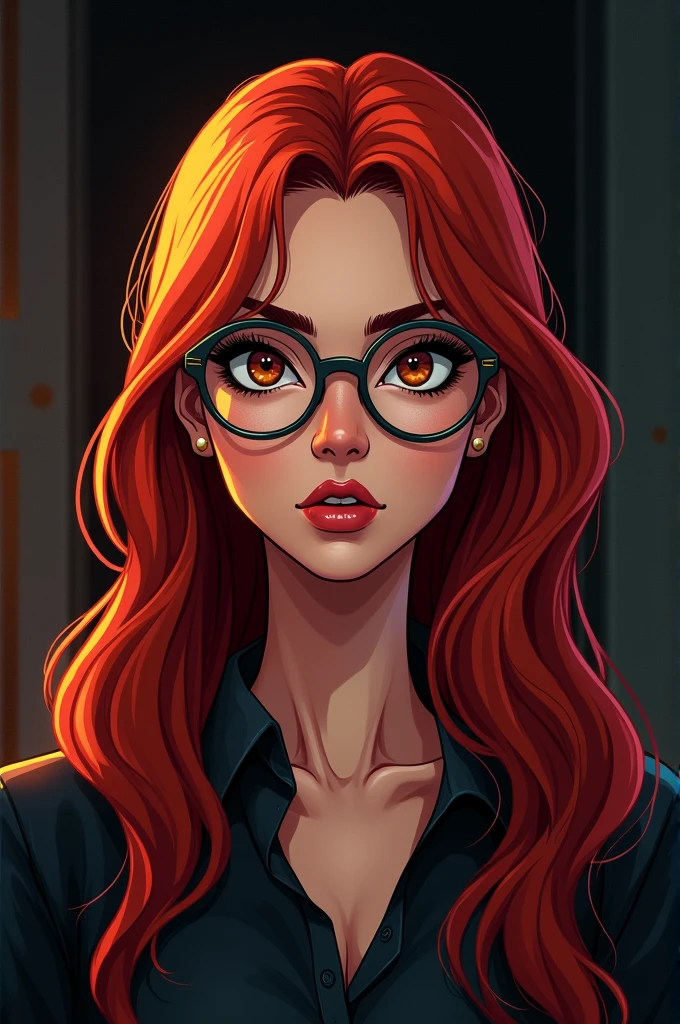 Create cartoon images of a woman with long straight, bold red hair wearing round prescription glasses. Make the drawing dark style 