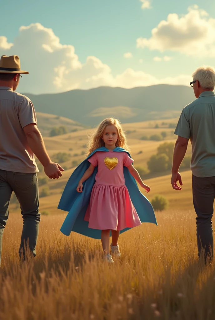 Create me an image of a story with adults arguing in the field and a 12-year-old blonde superhero girl with a pink dress and a small golden heart on her chest enters, with a blue cape and they apologize.

