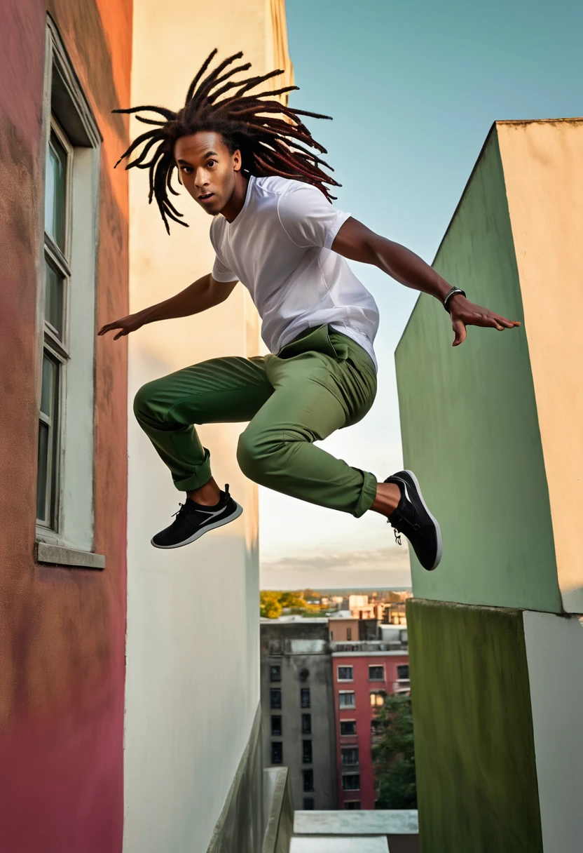 (((Le parkour)), ((parkour)) 1 man, thin, dark skin, tanned, dreadlocks, reddish-black hair, white blouse, moss-green pants), jumping from one building to another, incredible jump, diagonal view of the observer, late afternoon, colorful sky, (cinematic, great quality, perfect lines). 