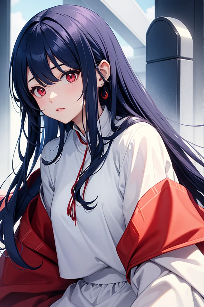 Blue colored long hair、Center parted bangs、Red eyes