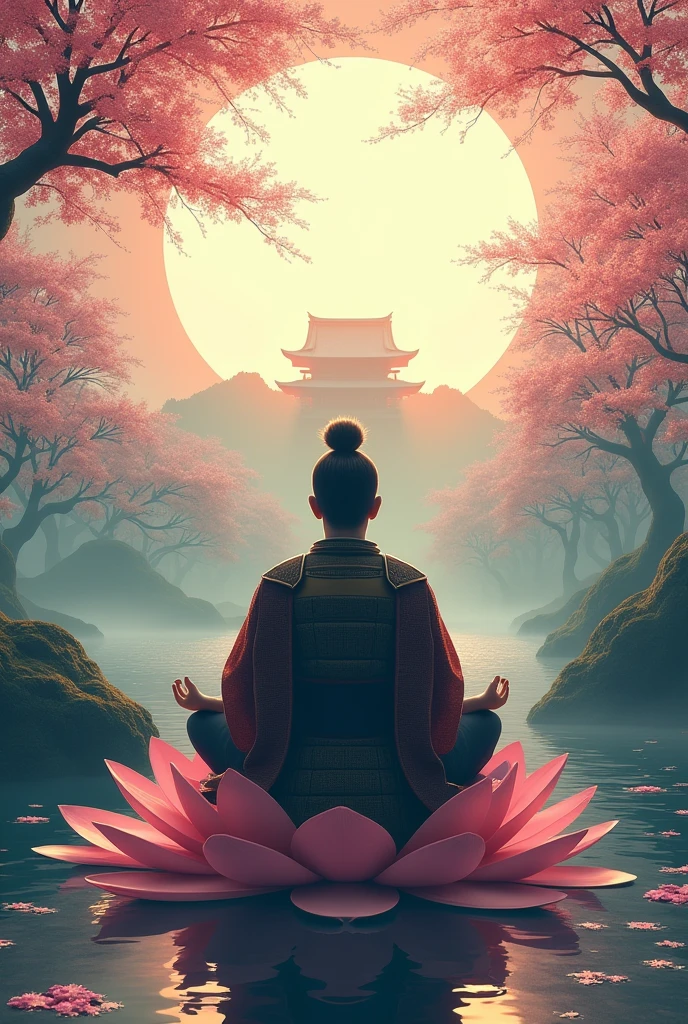 A samurai warrior in meditation sitting on a lotus flower, while on the horizon you see the cherry trees moving with their flowers while the wind blows strongly, In the background a Shinto temple