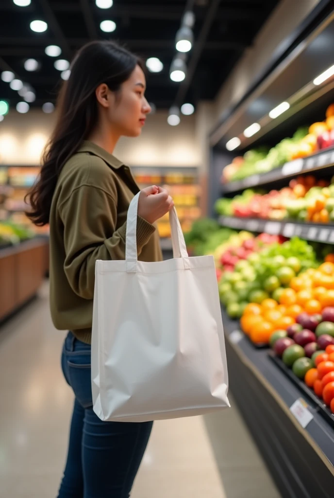 
Create a white textureless grocery bag where a customer has it in the produce section of the supermarket