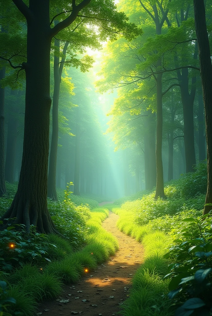 natural hyperrealism, leafy forest, with sun rays passing through the treetops, a path with tender grass around it, small lights of different colors, size 1920 x 1080