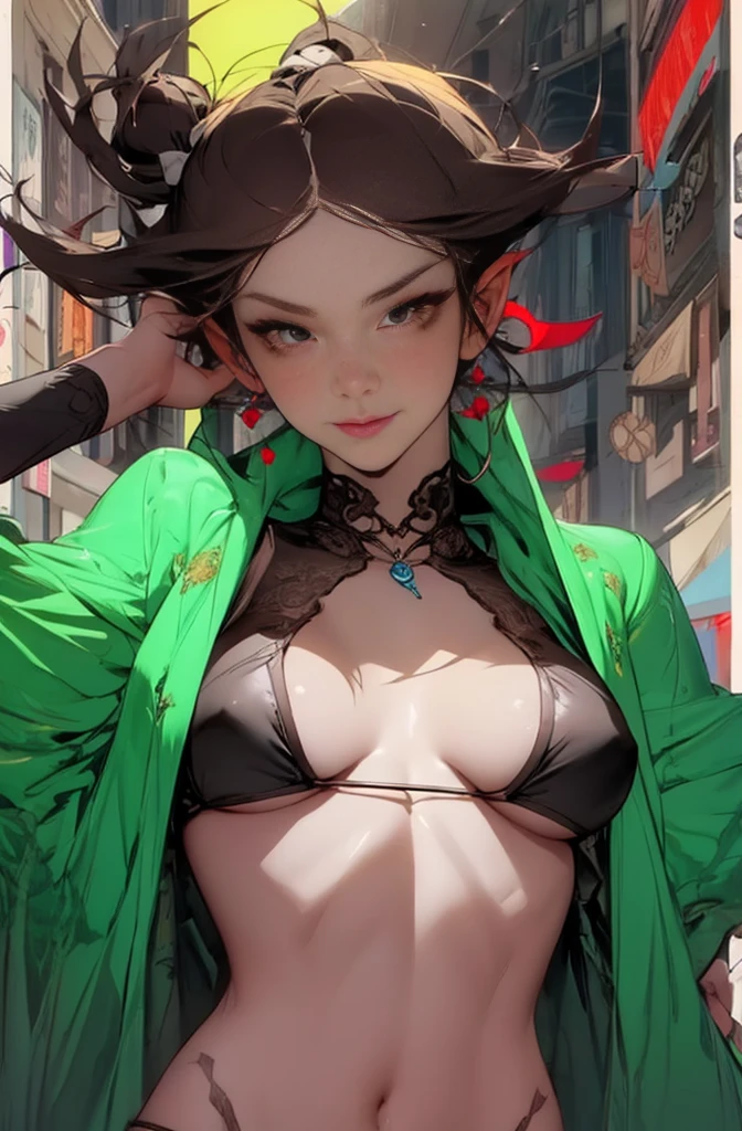 {4k image}, 1 Beautiful Brazilian woman, 18 years old, short blond hair (pixie cut),tanned skin, big dark rond eyes,busty, wide lips, pointed nose, choker, wearing a bikini (green and yellow), 1 mole, background city (unfocused), simple smile, manga lineart (with colors), {just face and chest photo}, {centered image}