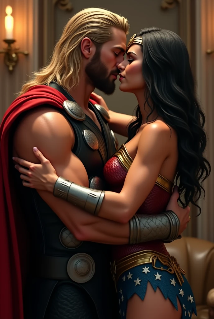 Thor and wonder women Hugging kissing Thor and wonder women at inside in room 