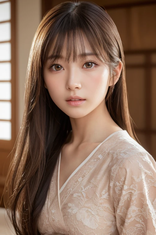   Highest quality, Face Focus, Soft Light, Ultra-high resolution, (Realistic:1.4), RAW Photos, 1 Japan, alone, cute, (pupil, Light in your eyes), Beautiful face in every detail, (Small box),(High resolution detail of human skin texture), (Long Hair), indoor, Damask Shirt Dress, (Portraiture),Bite into the bread