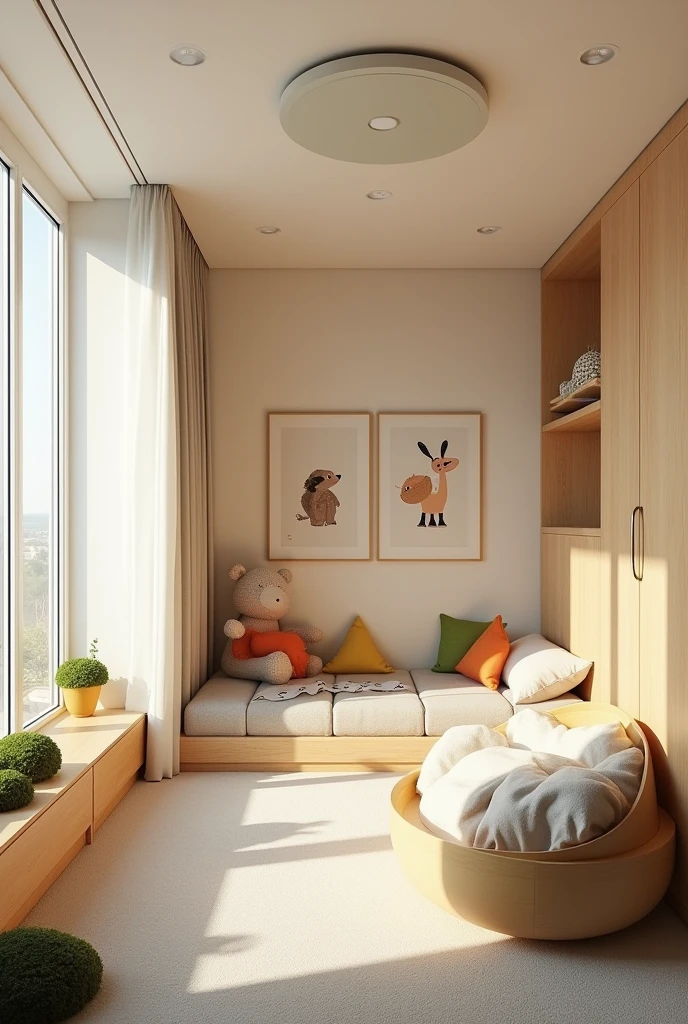 Professional 3d architecture rendering design of modern and light moss and so light Thunder and light cream and wooden Modern and minimal design for chid bedroom and light cream carpet with animals painting and white painting wall and light wooden closet with animals painting and modern ceiling lighting and modern curtains for chid room and the child bed similar globe and safety and cozy chair for chid and cozy carpet and small and safety stairs toys for child