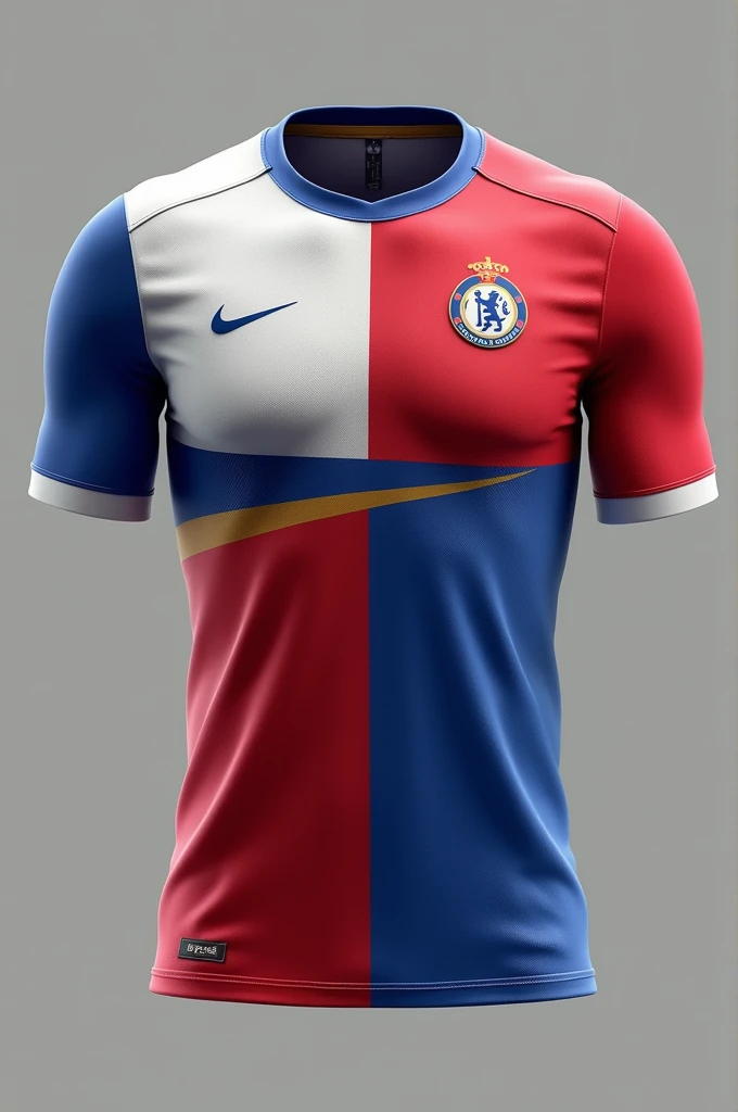 Create a modern professional football uniform with white, red, blue and gold colors