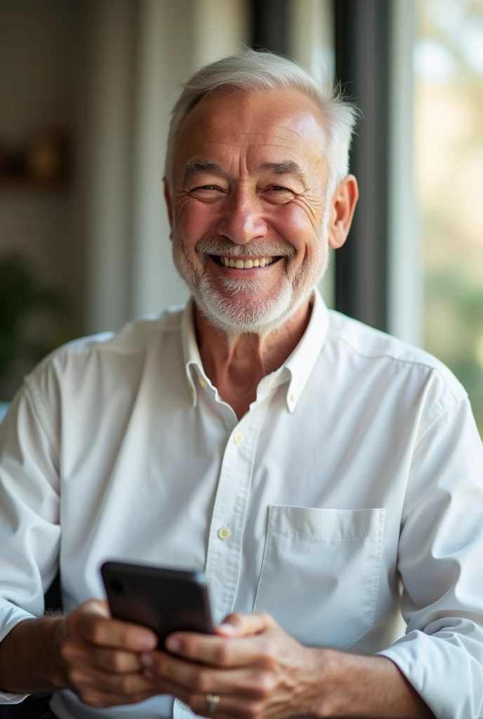 happy old man in white shirt with cell phone in hand