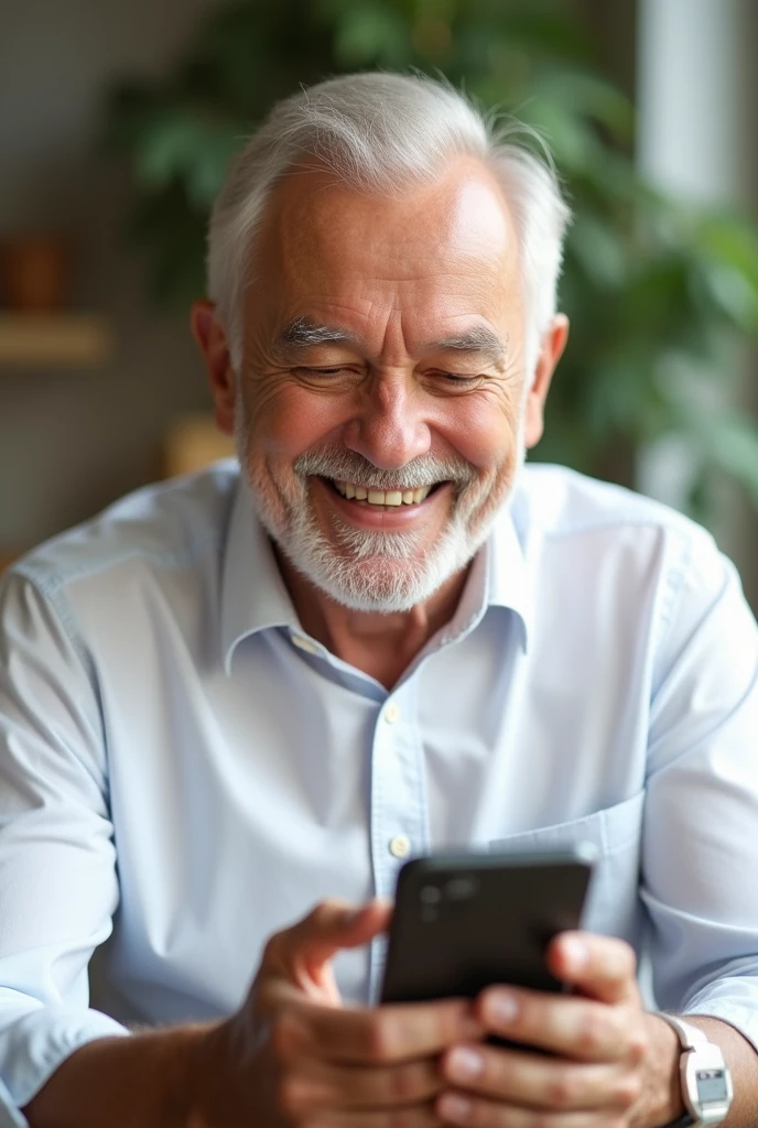 happy old man in white shirt with cell phone in hand