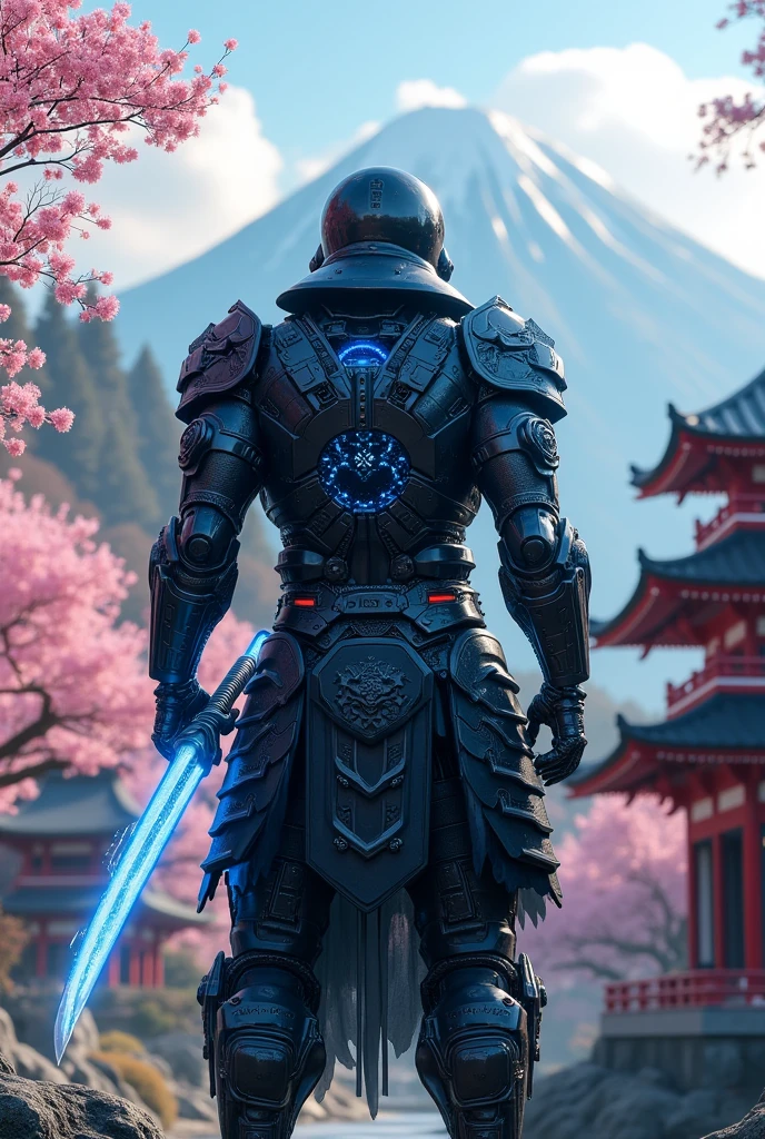 A highly detailed, muscular cybernetic samurai warrior in black and blue armor, wielding an energy sword, standing in a beautiful Japanese landscape with pagodas, cherry blossom trees, and a mountainous backdrop, (best quality,8k,highres,masterpiece:1.2),ultra-detailed,(realistic,photorealistic,photo-realistic:1.37),intricate details,exquisite rendering,dramatic lighting,cinematic composition,stunning scenery