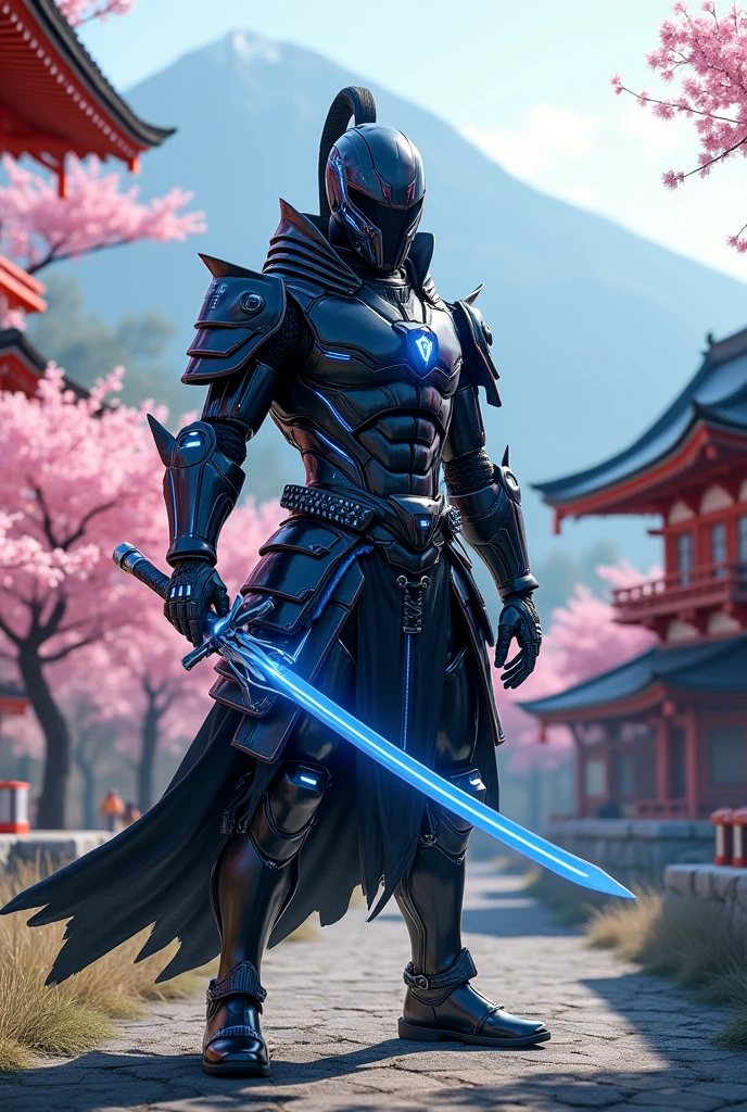 A highly detailed, muscular cybernetic samurai warrior in black and blue armor, wielding an energy sword, standing in a beautiful Japanese landscape with pagodas, cherry blossom trees, and a mountainous backdrop, (best quality,8k,highres,masterpiece:1.2),ultra-detailed,(realistic,photorealistic,photo-realistic:1.37),intricate details,exquisite rendering,dramatic lighting,cinematic composition,stunning scenery