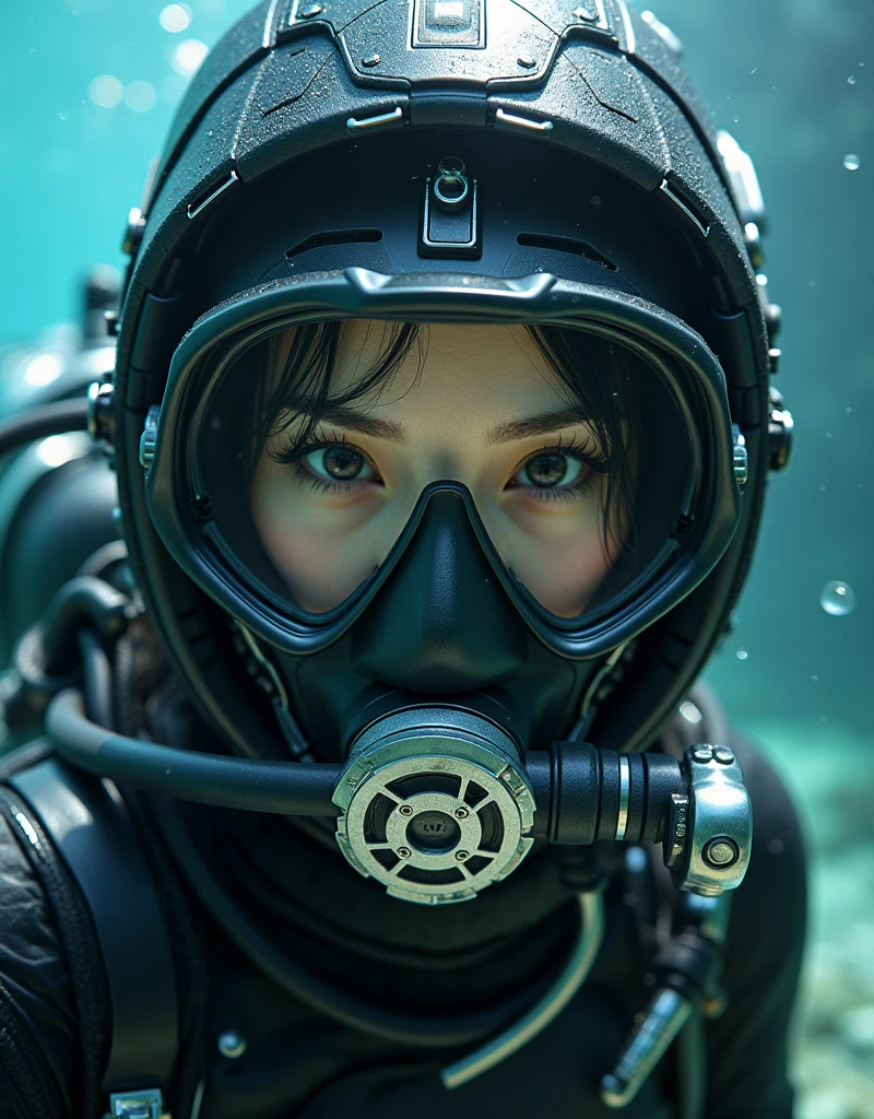 ultra-realistic, photorealistic, 20 years old Japanese famous idol girl, very beautiful Japanese but commercial diver, She works in undersea steel construction, masterpiece, (face focus:1.3), beautiful eyes, (wearing commercial diving suits with scuba equipment that looks like a cyber punk glossy intricated complex mecha hard armor suits with neon sign), (fully equipped for scuba diving:1.3), (putting on a full face scuba mask:1.5), (putting scuba breathe mask on the mouth:1.5), large breasts, acrobatic pose, dynamic angle