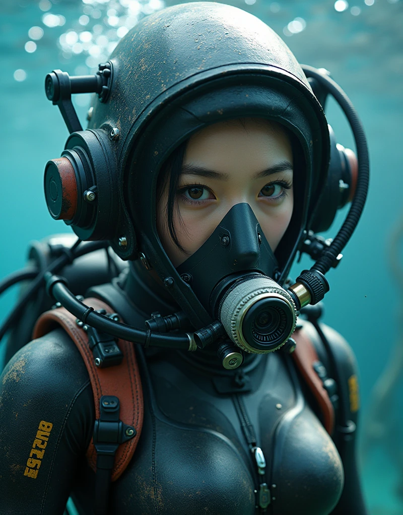 ultra-realistic, photorealistic, 20 years old Japanese famous idol girl, very beautiful Japanese but commercial diver, She works in undersea steel construction, masterpiece, (face focus:1.3), beautiful eyes, (wearing commercial diving suits with scuba equipment that looks like a cyber punk glossy intricated complex mecha hard armor suits with neon sign), (fully equipped for scuba diving:1.3), (putting on a full face scuba mask:1.5), (putting scuba breathe mask on the mouth:1.5), large breasts, acrobatic pose, dynamic angle