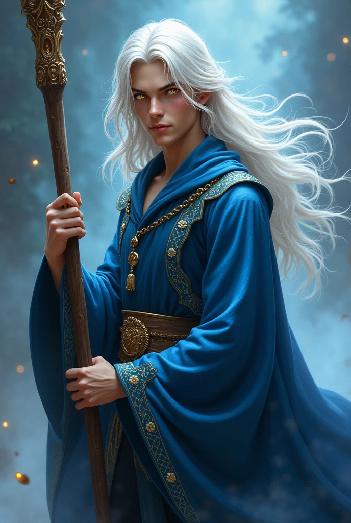 Male wizard in blue robe holding staff, LONG white hair, yellow  eyes, age 20 years