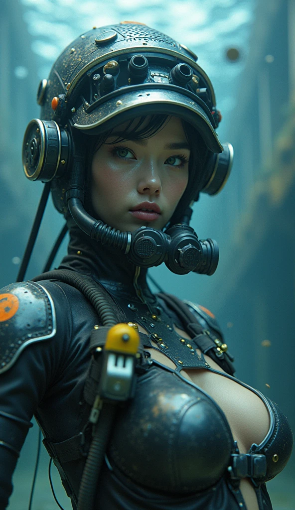 ultra-realistic, photorealistic, 20 years old Japanese famous idol girl, very beautiful Japanese but commercial diver, She works in undersea steel construction, masterpiece, (face focus:1.3), beautiful eyes, (wearing commercial diving suits with scuba equipment that looks like a cyber punk glossy intricated complex mecha hard armor suits with neon sign), (fully equipped for scuba diving:1.3), (putting on a full face scuba mask:1.5), (putting scuba breathe mask on the mouth:1.5), large breasts, acrobatic pose, dynamic angle