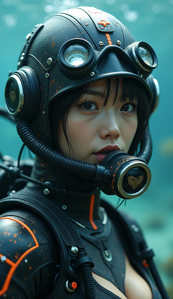 ultra-realistic, photorealistic, 20 years old Japanese famous idol girl, very beautiful Japanese but commercial diver, She works in undersea steel construction, masterpiece, (face focus:1.3), beautiful eyes, (wearing commercial diving suits with scuba equipment that looks like a cyber punk glossy intricated complex mecha hard armor suits with neon sign), (fully equipped for scuba diving:1.3), (putting on a full face scuba mask:1.5), (putting scuba breathe mask on the mouth:1.5), large breasts, acrobatic pose, dynamic angle