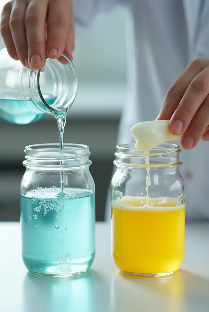 Experiment preparation: Fill the two jars with approximately 50 ml of water and add 25 ml of vegetable oil to each one..
Add the emulsifier:
In one of the jars, add a teaspoon of liquid soap or a raw egg yolk.
The other bottle is left without emulsifier to act as a control..
agitation: Close both bottles tightly and shake vigorously for about 30 seconds..
Immediately observe the mixture in both jars and then let the mixtures rest for a few minutes..
Observation:
Observe the stability of the mixtures. In the bottle without emulsifier, The oil and water should quickly separate into two layers..
In the bottle with emulsifier, The mixture should remain more homogeneous for a longer period.
Record of results: Note the differences in the stability of the mixtures and the time it takes for them to separate..
