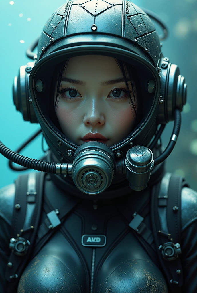 ultra-realistic, photorealistic, 20 years old Japanese famous idol girl, very beautiful Japanese but commercial diver, She works in undersea steel construction, masterpiece, (face focus:1.3), beautiful eyes, (wearing commercial diving suits with scuba equipment that looks like a cyber punk glossy intricated complex mecha hard armor suits with neon sign), (fully equipped for scuba diving:1.3), (putting on a full face scuba mask:1.5), (putting scuba breathe mask on the mouth:1.5), large , acrobatic pose, dynamic angle