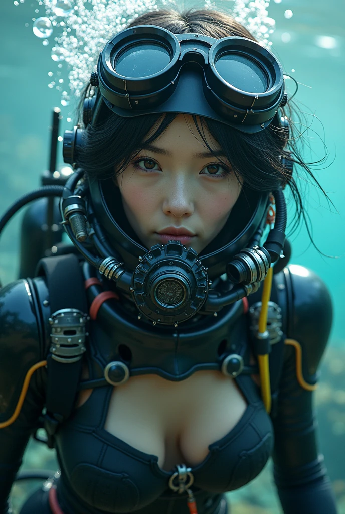 ultra-realistic, photorealistic, 20 years old Japanese famous idol girl, very beautiful Japanese but commercial diver, She works in undersea steel construction, masterpiece, (face focus:1.3), beautiful eyes, (wearing commercial diving suits with scuba equipment that looks like a cyber punk glossy intricated complex mecha hard armor suits with neon sign), (fully equipped for scuba diving:1.3), (putting on a full face scuba mask:1.5), (putting scuba breathe mask on the mouth:1.5), large breasts, acrobatic pose, dynamic angle