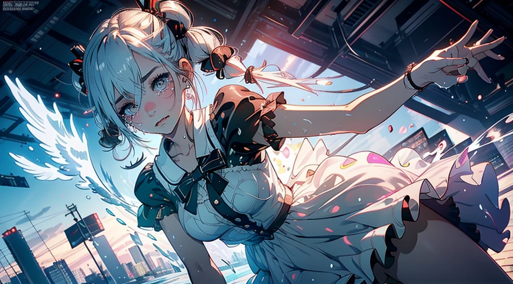 Hair shaking, victory, Long eyelashes, Solid round eye, A faint smile, ear blush, direction, (White hair), cosmetic, blush, sad, sad smile, shadow, Relief, Atmospheric perspective, 8K, Super Detail, precise, best quality, (Cyberpunk), Movie Lighting, masterpiece,1 Girl, ((((Short twin tails)))), Colorful hair, flight, Pink bow,((Female Model)), (Angel Halo), ((( wing ))), (magazine cover), (cover), bold, striking, fashionable, panoramic, Eye level shot, tiling from below, ((((magazine cover layout)))), (((ta dress))), (((Wide-angle lens))), (((( Splash of Color ))))