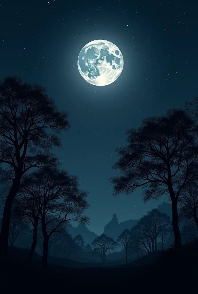 A black sky with full moon, stars and trees. Make the sky dark not blueish
