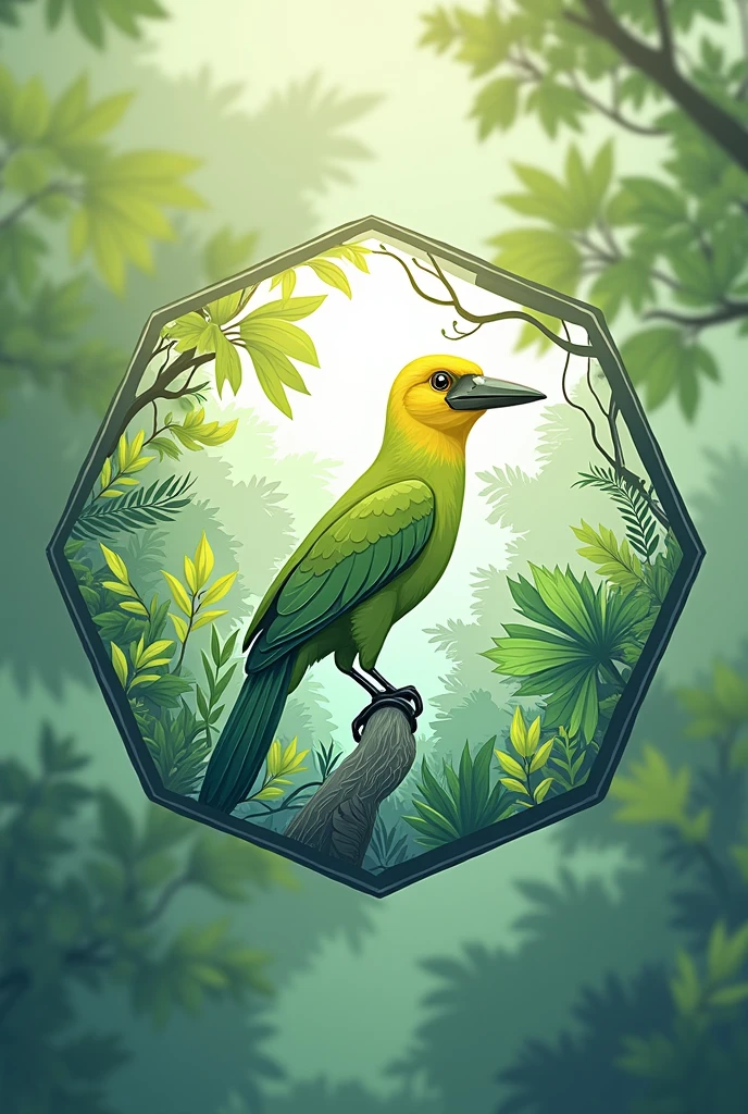 Design a creative and innovative hexagonal logo, Ecosystems, trees and leaves, migratory bird Central America, colors soft tones green, blue and brown, Professional modern sans serif typography and visual elements with lines or patterns of monitoring connections or networks, include a representation of Nicaragua's biodiversity.