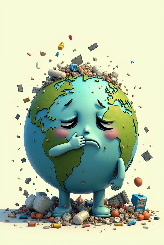 CREATE AN IMAGE OF PLANET EARTH WITH TRASH ON TOP WITH A SAD FACE AND COVERING HIS MOUTH ,closed eyes ,ANIMATED STYLE WHITE OR GREEN BACKGROUND