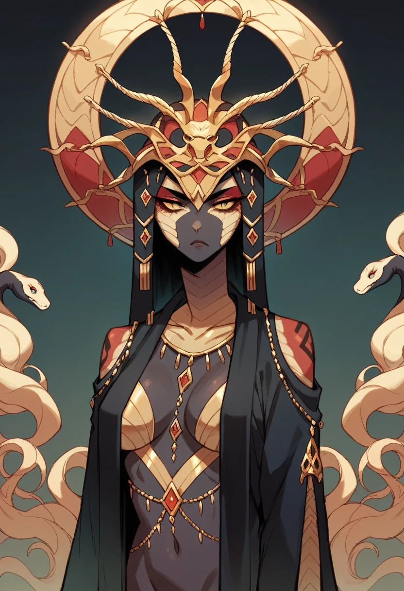 Snake woman with red and black skin patterns wearing a black robe with gold detailing with a ceremonial mask