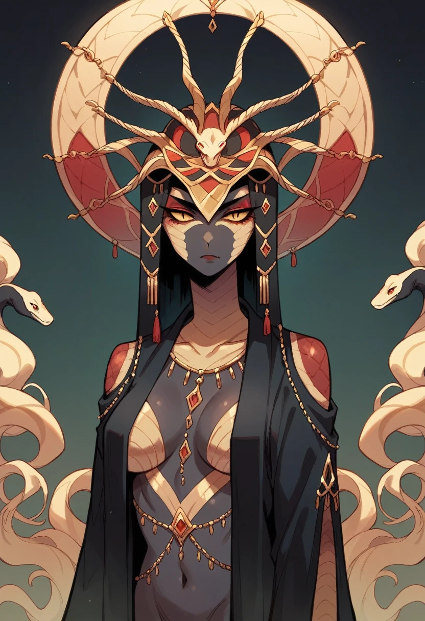 Snake woman with red and black skin patterns wearing a black robe with gold detailing with a ceremonial mask
