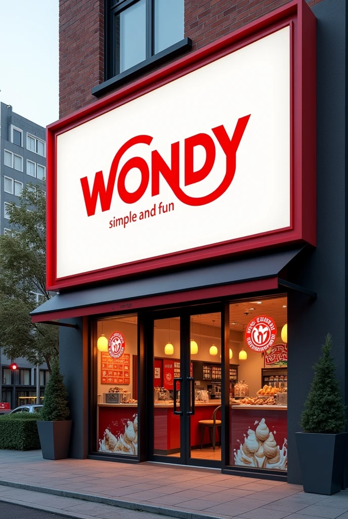 Outdoor advertising with the name WONDY in red and white colors with a modern design, Simple and fun above an ice cream shop