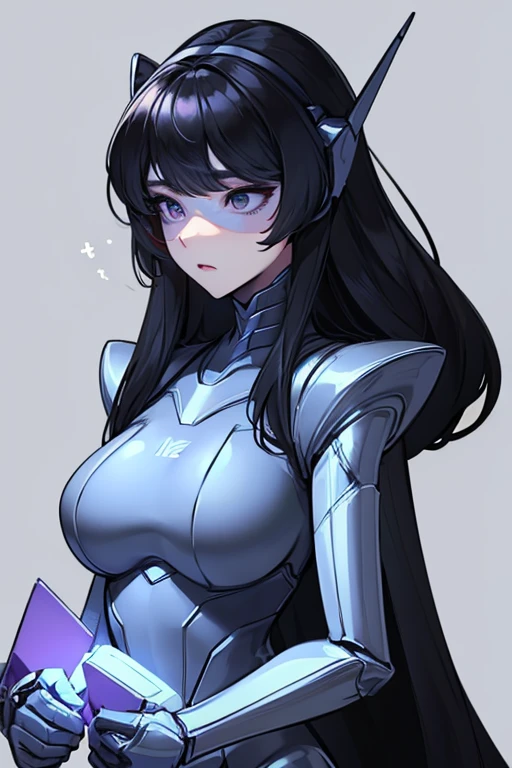 empty eyes,robotization,woman ,big bust,Robot Joint ,Metal skin,Black Suit,long hair,a black suit that covers the whole body