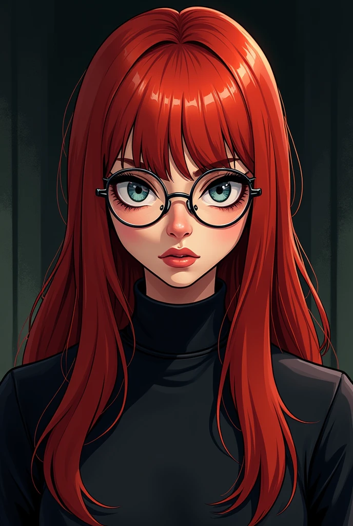 Create cartoon images of a woman with long straight, bold red hair wearing round prescription glasses. Make the drawing dark style 