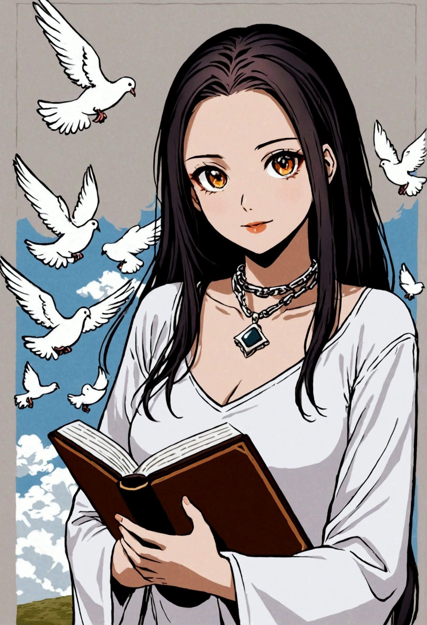 Put more white doves, clouds, the brown eyes and the eye-shaped pendant around her neck, and increase the size of the bible and remove those symbols in the photo.