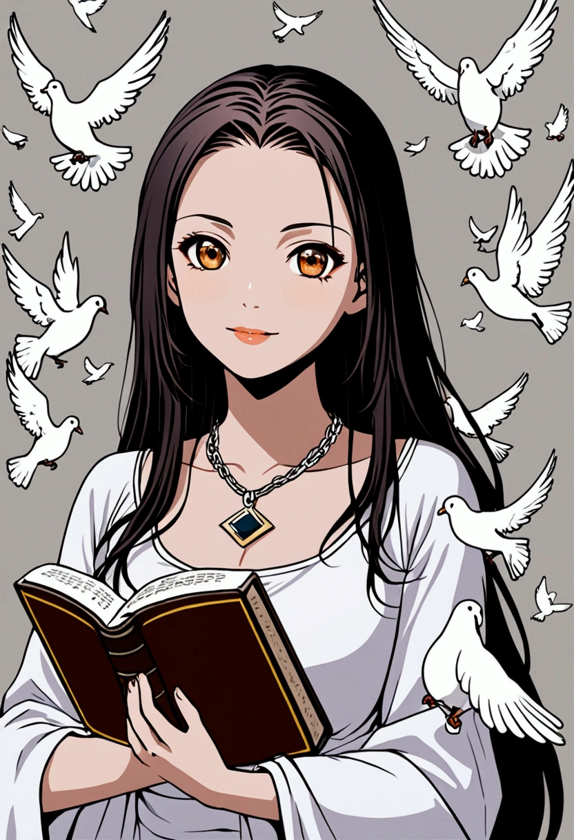 Put more white doves, clouds, the brown eyes and the eye-shaped pendant around her neck, and increase the size of the bible and remove those symbols in the photo.