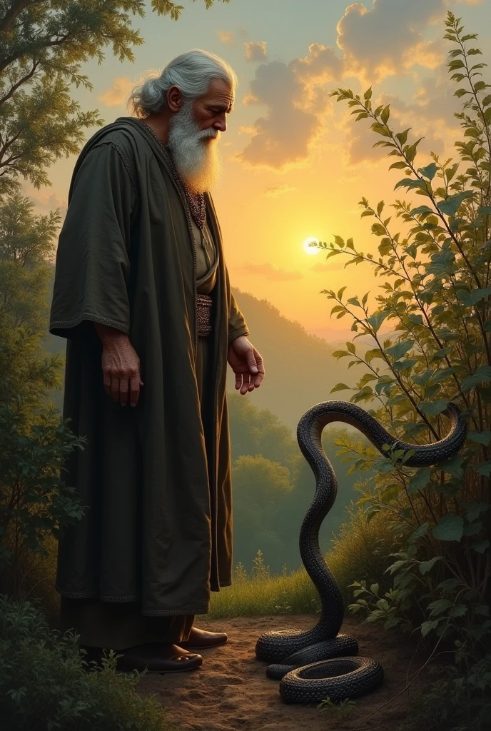 Oil painting, Close-up, Dramatic lighting, Realism. (Best quality, high resolution, Ultra-detailed), (Realistic:1.37), professional, Vivid colors, The wise man stands silently in the garden at dusk, his eyes wide with realization as he spots the snake biting the roots of his plants. The scene is bathed in the soft, fading light of the evening.