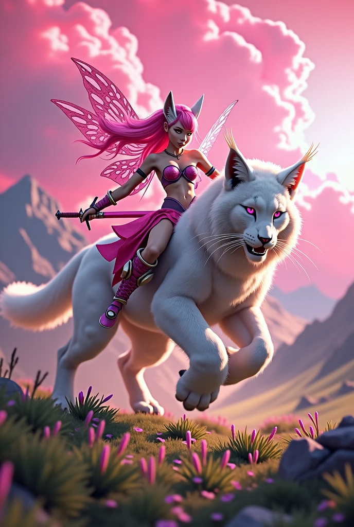 A pink hair edle fairy with a sharp pink sword, riding a white lynx with pink eyes and a sharp nose in a battle field in a valley of its own, with a backdrop of a pink sky with a sharp, defined border. HD, 8K, ultra-realistic, hyper-detailed, hyper-quality, bright lighting, faded.