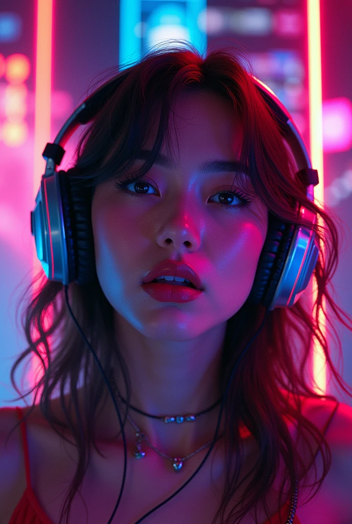a mixtape cover, a person with headphones, retro 80s style, neon colors, vibrant and energetic composition, glitch art, synthwave aesthetics, detailed face and expression, cinematic lighting, (best quality,4k,8k,highres,masterpiece:1.2),ultra-detailed,(realistic,photorealistic,photo-realistic:1.37),vibrant colors,neon lights,synthwave,80s retro,glitch art,cinematic lighting,detailed face,expressive eyes,headphones,cassette tape