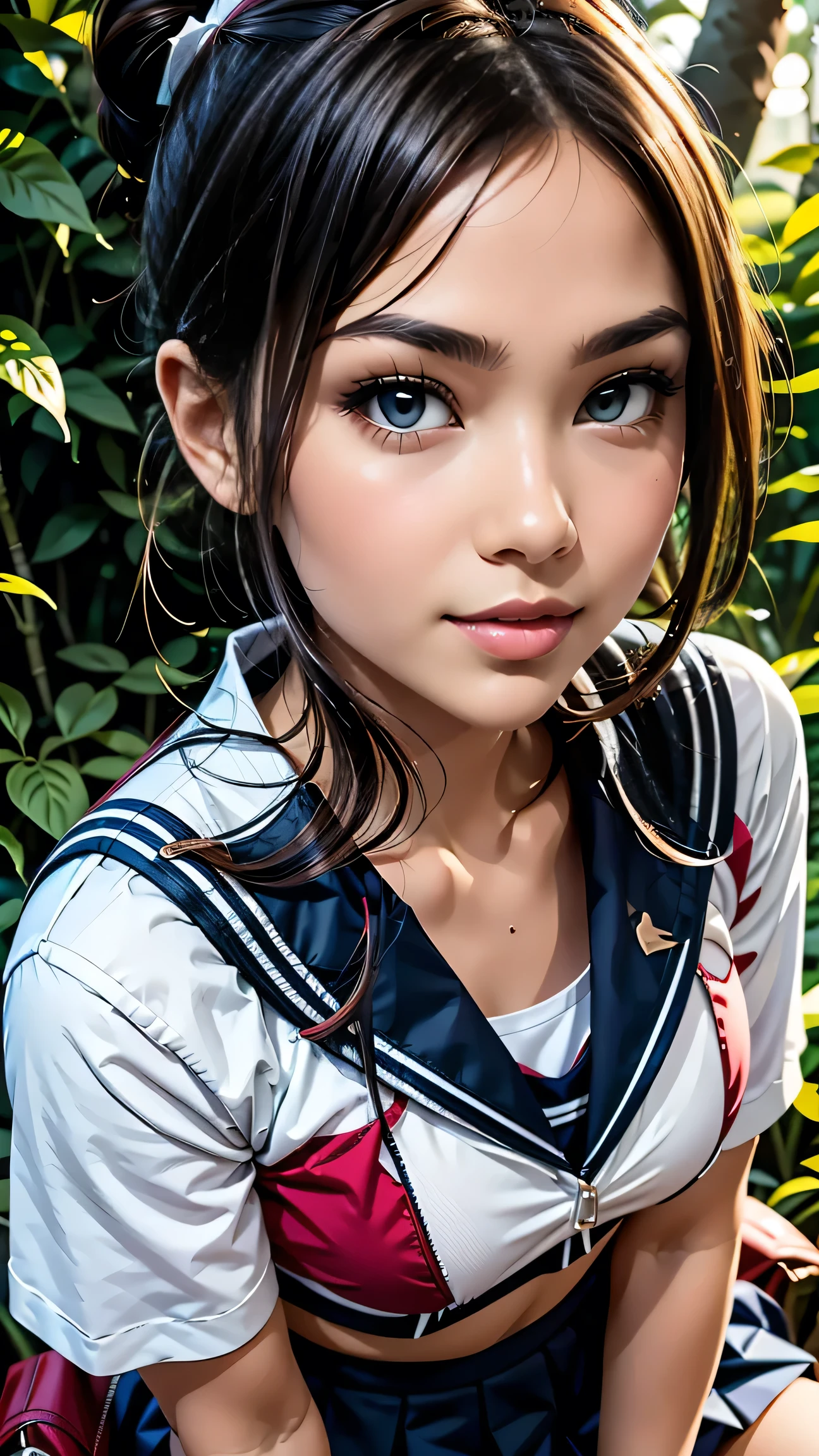 high school girl、White Sailor Suit(summer服)、White pleated skirt、White socks、loafers、ponytail、school bag、summer、sunset、Her underwear is visible through her old clothes.、In the depths of the night forest,、masterpiece, 最high quality, high quality, High resolution, (((Face close-up)))、Face close-up