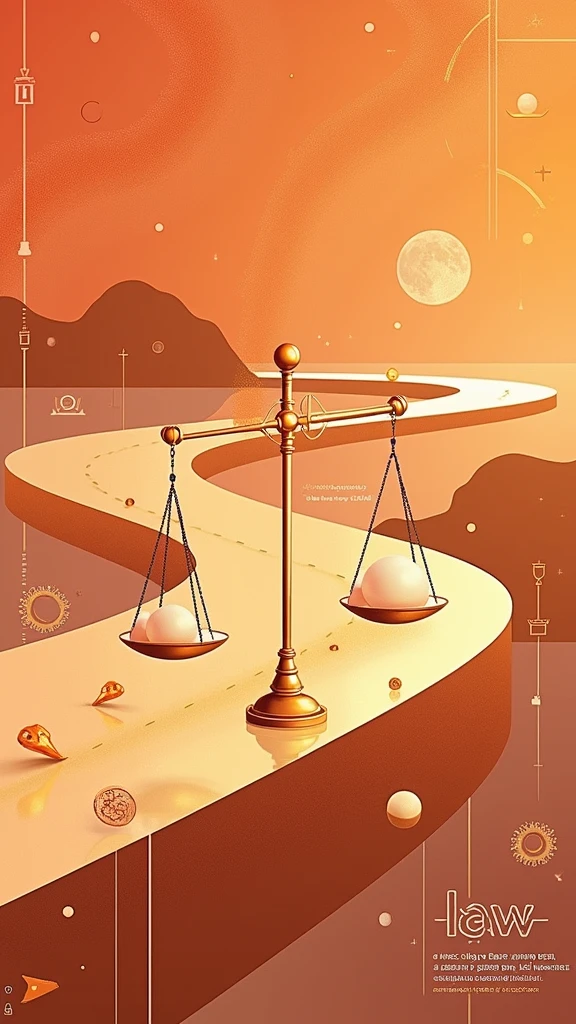 poster design，Abstract Road，The visual center is the scales representing law，Wealth Elements，Gold Tone，Illustration Design，Flat，Fractal Art