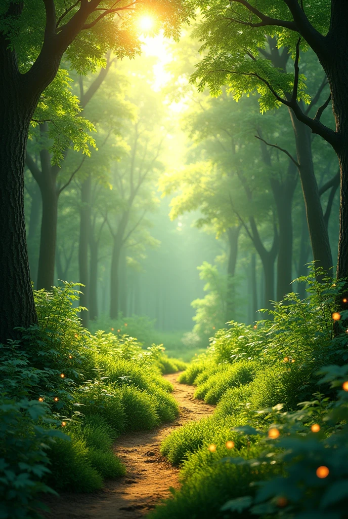 in rectangular format natural hyperrealism, leafy forest, with sun rays passing through the treetops, a path with tender grass around it, small lights of different colors,