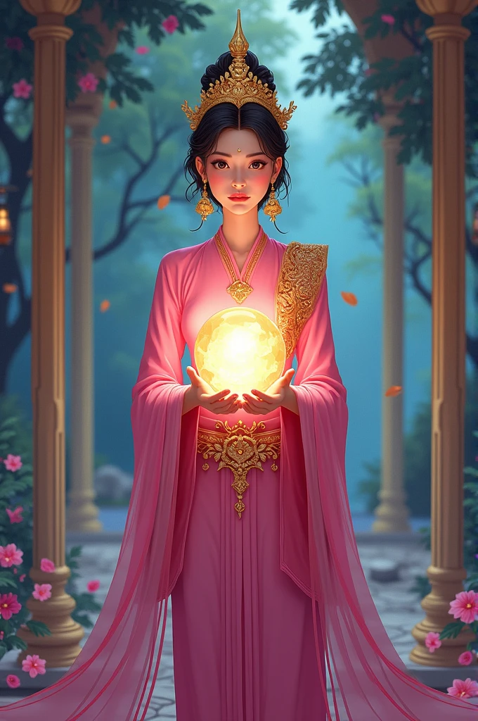 A woman in literature wearing a pink Thai dress, a chada, holding a shining crystal ball, with a serious expression, seen from the whole body, standing like a beauty queen, cartoon.