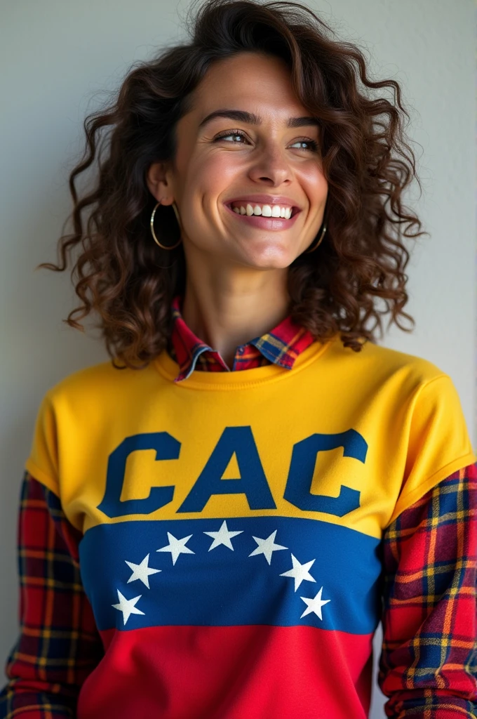 A woman, using a printed flannel that has a logo with the letters cac, with the colors of the Venezuelan flag