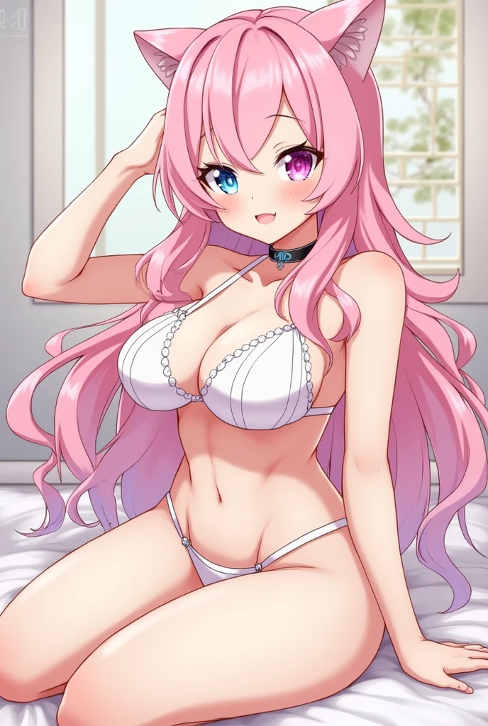 march 7th, march 7th (honkai: star rail), multicolored eyes, blue eyes, BREAK, pink hair, fluffy hair, long locks, choker, sitting on bed, smile, blush, (underwear, bra, thong:1.1) gigantic breasts
