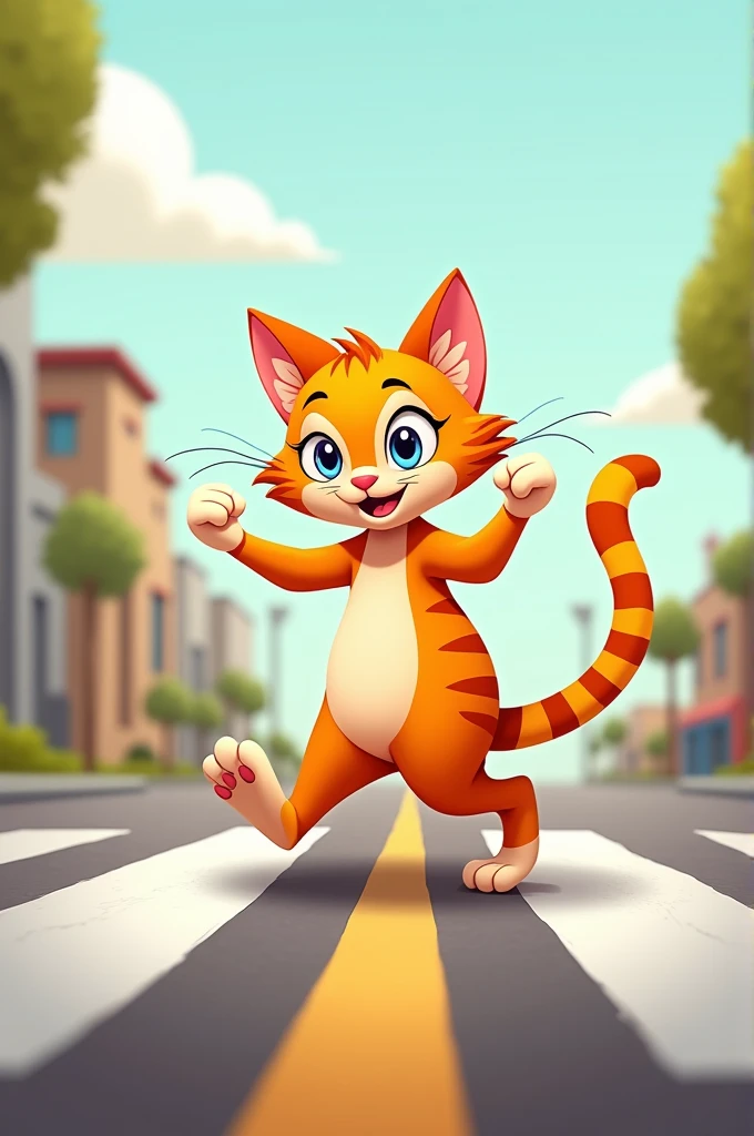 A cartoon cat danching in road