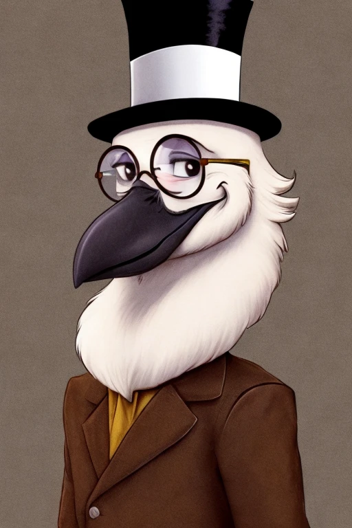 Anthropomorphic albino crow, big white beak, hairy neck, wearing a light brown suit, wearing a light brown top hat, wearing a round glasses, animation